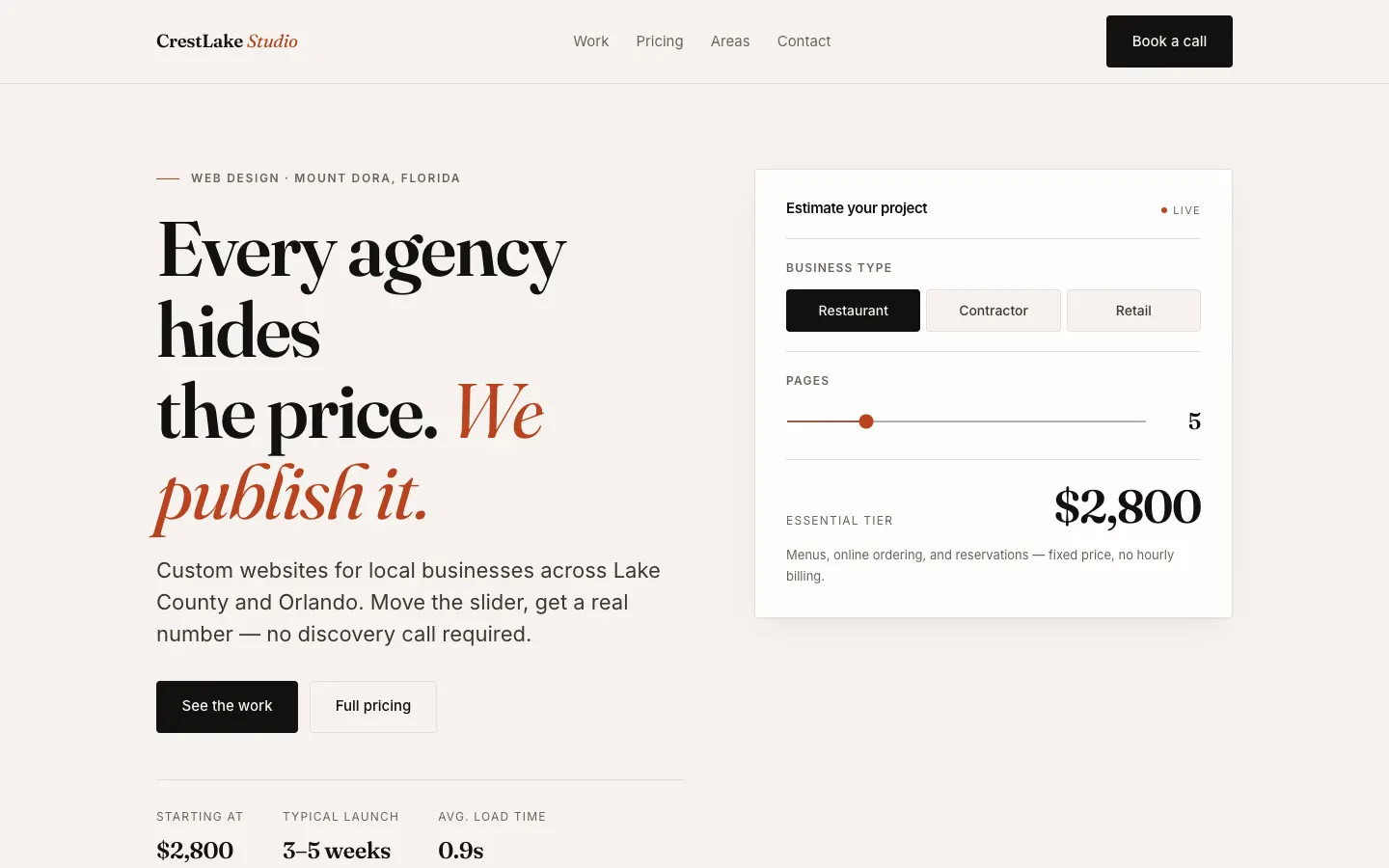 The Crestlake Studio homepage: “Every agency hides the price. We publish it,” next to a live project estimator.